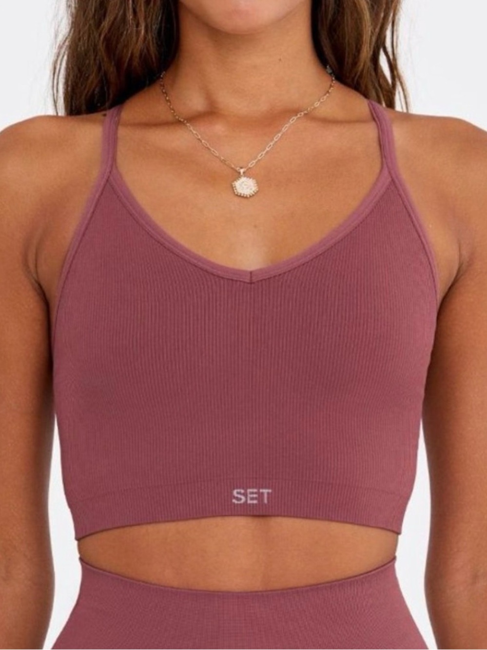 SET Active Mauve Ribbed V-Neck Crop Bralette